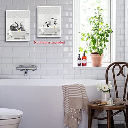 Funny Bathroom Decor Wall Art Black and White Animals Photo Pictures Happy Alpacas Giraffes Penguins Elephants in Bathtub Posters Prints for Wall Decor Kids Bathroom Decor Unframed Set of 4, 8x10inch