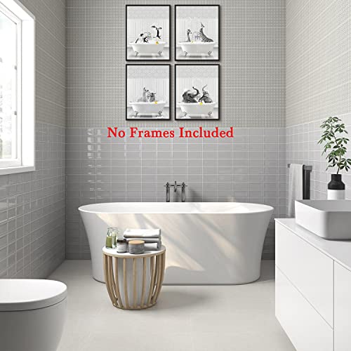 Funny Bathroom Decor Wall Art Black and White Animals Photo Pictures Happy Alpacas Giraffes Penguins Elephants in Bathtub Posters Prints for Wall Decor Kids Bathroom Decor Unframed Set of 4, 8x10inch