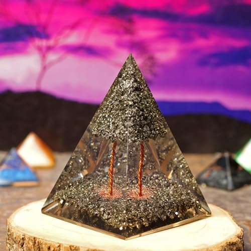 Orgonite Crystal Pyrite Tree Pyramid With Healing Properties of Pyrite that •Manifesting Wealth • Boost Confidence • Increases Assertiveness - Use for Meditation, Yoga & Decor