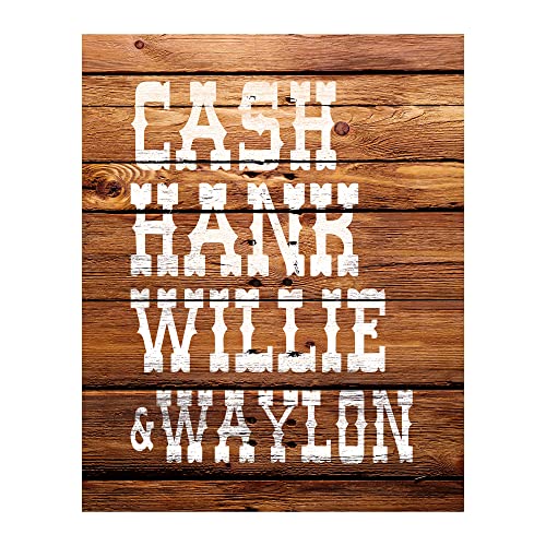 Cash, Hank, Willie & Waylon Country Music Poster Wall Art, This Ready to Frame Rustic Typographic Wall Art Poster Print is Good For Home, Studio, Bar, And Man Cave Room Decor, Unframed - 8x10”