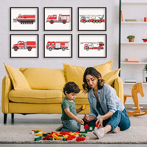 Fancymall 8x10in Nursery Fire Truck UNFRAMED Wall Art Decor Set of 6 Prints Boy Girl Kids Firetruck Prints Fire Engine Transportation Wall Art Posters for Boy Toddler Bedroom Ambulance Rescue
