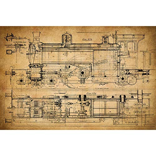 Meishe Art Vintage Poster Print Antique Train Mechanical Blueprint Structural Drawing Illustration Showing the Basic Structure Construction Schematic Diagram Home Wall Decor (15.75'' x 23.62'')