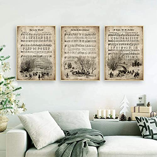 VLOLIFE Vintage Christmas Carols Wall Art Posters and Prints Sheet Music Hymn Aged Antique Canvas Art Painting Home Decor Picture Unframed, 16X24inchX3 Unframed