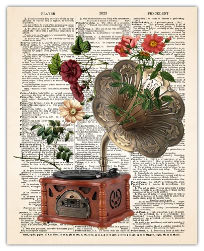 Vintage Record and Flowers Dictionary Wall Art Print - 8x10 Unframed Whimsical Poster Print for Home, Office, Living Room and Bedroom - Creative Housewarming Gift Idea for Music Lovers