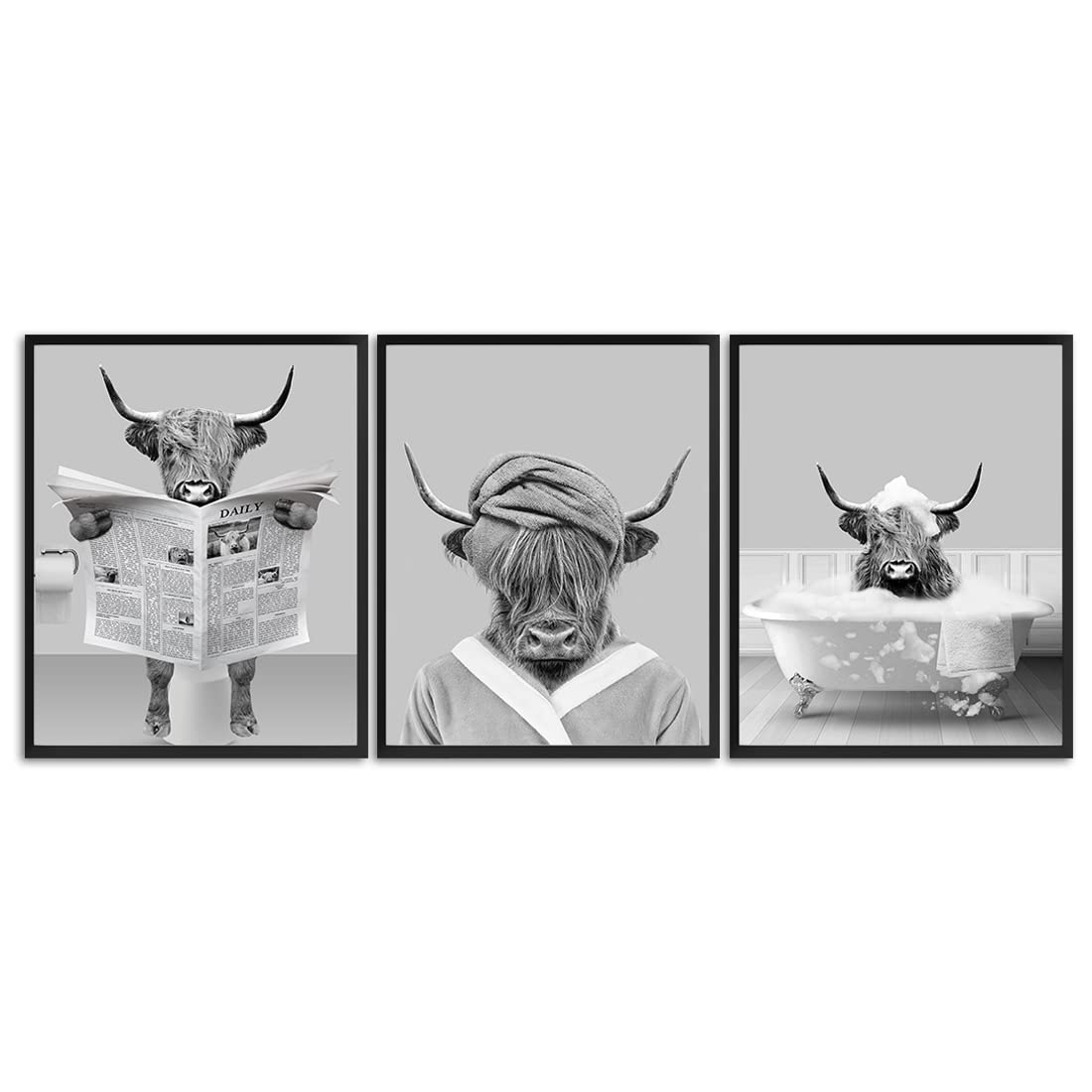 Gardenia Art Funny Bathroom Decor Prints Set of 3 Black and White Highland Cow Decor Reading Newspaper Take Bath Animal Poster Farmhouse Bathroom Restroom Decorations 8x10 UNFRAMED Housewarming Gift