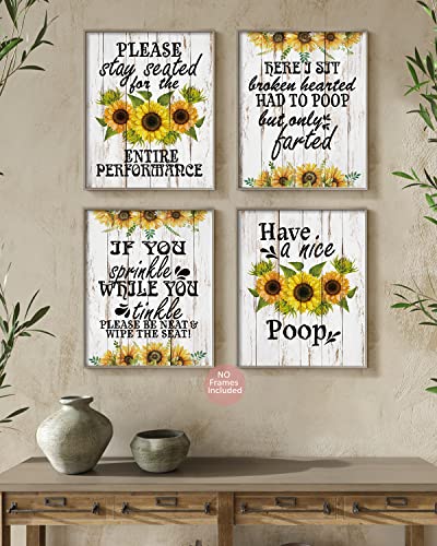 Funny Bathroom Wall Art Print Sunflower Painting Print Humorous Quotes Poster, Bathroom Wall Decor, Bathroom Quotes, Signs & Rules Decor, Great Gift for Bathroom Decor (Set of 4, 8 x 10 Unframed)