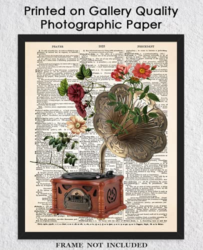 Vintage Record and Flowers Dictionary Wall Art Print - 8x10 Unframed Whimsical Poster Print for Home, Office, Living Room and Bedroom - Creative Housewarming Gift Idea for Music Lovers