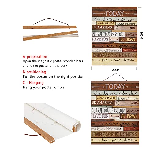 HoozGee Magnetic Poster Hanger Frame and Inspirational Motivational Wall Art Print Light Wood Wooden Magnet Canvas Artwork Prints 20x30cm Dowel Poster Hangers Frames Hanging Kit (8 Inch)