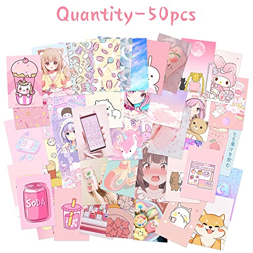 L1rabe 50Pcs Kawai Anime Aesthetic Picture Wall Collage Kit Pink Cartoon Assembled Print Card Set, School Dorm Photo Poster Display Trendy Style, Sweet Girls Room Decor Cute Collage Kit New Year Gifts