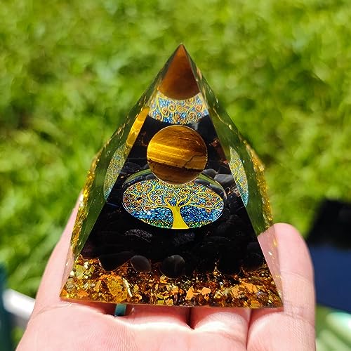 Orgone Pyramid for Positive Energy, Olivenorma Tiger Eye Sphere & Obsidian Protection Healing Crystal Gemstone Pyramid for Yoga Reiki Meditaion Blanacing Chakra