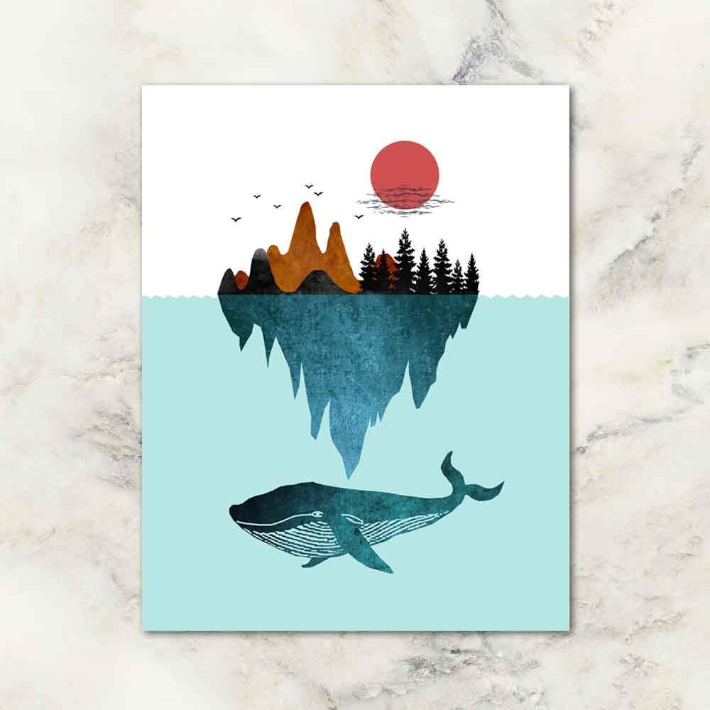 Abstract Nature Inspiration Ocean Art Print Sea Blue Whale Mountain Sun Watercolor Whale Wall Art Forest Decor Poster Unique Gift 8X10 IN Unframed