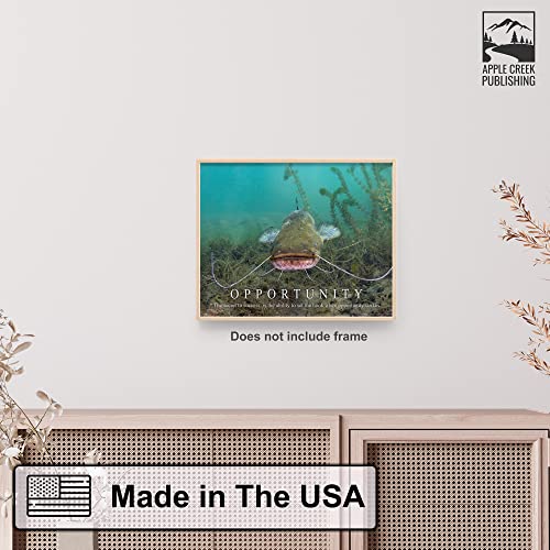 Apple Creek Fishing Opportunity Motivational Poster Art Print Blue Flathead Channel Catfish Largemouth Bass Walleye Muskie Lures Poles 11x14 Wall Decor Pictures