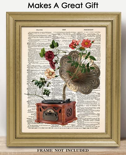 Vintage Record and Flowers Dictionary Wall Art Print - 8x10 Unframed Whimsical Poster Print for Home, Office, Living Room and Bedroom - Creative Housewarming Gift Idea for Music Lovers