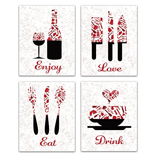 CREATCABIN Kitchen Kitchenware Red Canvas Art Prints Posters Wall Art Decorations Enjoy Love Eat Drink Set of 4 for Kitchen Restaurant Cafe Bar House Decor Unframed 8 x 10inch