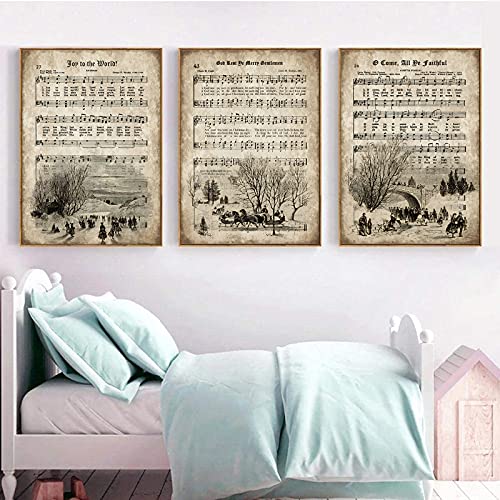 VLOLIFE Vintage Christmas Carols Wall Art Posters and Prints Sheet Music Hymn Aged Antique Canvas Art Painting Home Decor Picture Unframed, 16X24inchX3 Unframed