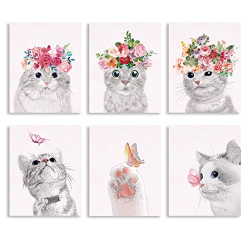 SUPERDANT 6 Pieces Cat Butterfly Unframed Canvas Wall Art Butterfly Bathroom Picture Decor Posters Wearing Flower Butterflies Band Cute Animals Canvas Print Artwork Wall Decor for Kids Bedroom