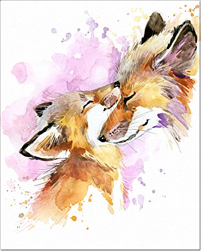 7Dots Art. Mom and baby. Watercolor Art Print, poster 8"x10" on Fine Art thick Watercolor paper for childrens kids room, bedroom, bathroom. Wall art decor with Animals for boys, girls. (Foxes)