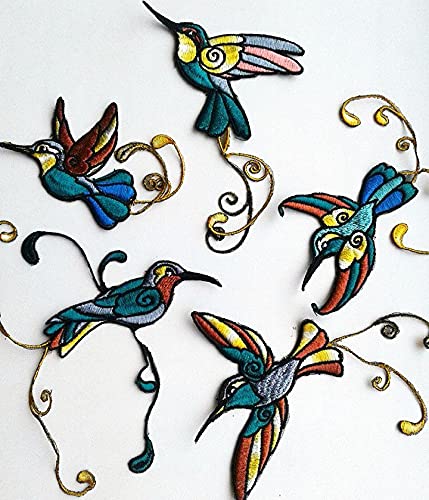 Moks98(p) set of 5 pieces of Hummingbird Embroidered Patches, Bird Patch, Colibri applique