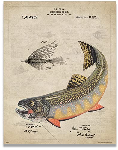 Antique Fly Fishing Lure US Patent Poster Art Print Trout Largemouth Bass Walleye Muskie Lures Poles 11x14 Wall Decor Pictures