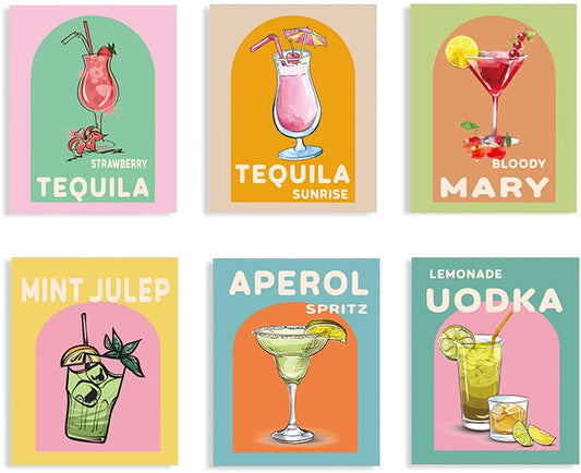 Colorful Wine Glass Art Print- Watercolour Alcohol Cocktail Prints-Cocktail Drink Print Set,Set of Kitchen Prints,Bar Cocktail Posters Perfect for Kitchen or Bar Decoration,Set of 6,No Frame,8"x10"