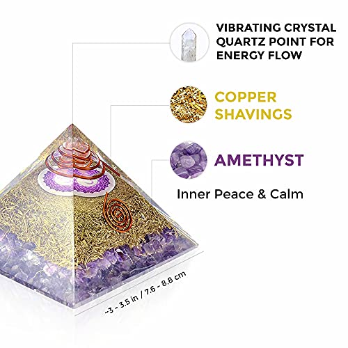 Orgone Pyramid Energy Generator - Crown Chakra Symbol Orgonite Amethyst Crystal Pyramid with Brass Metal for E-Energy Protection - Chakra Balancing-Healing-Meditation-Yoga