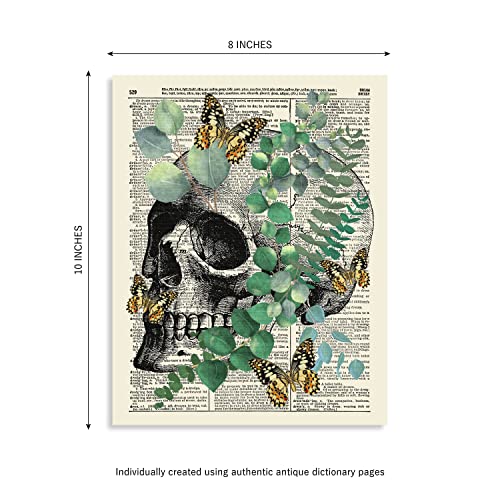 Anatomy with Eucalyptus and Butterflies, Vintage Dictionary Art Print, Modern Contemporary Wall Art For Home Decor, Boho Art Print Poster, Farmhouse Wall Decor 8x10 Inches, Unframed (Skull #1)
