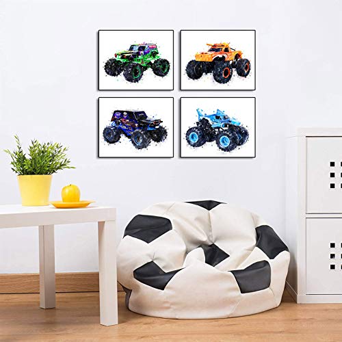 CPJY Cartoons Monster Truck Theme Wall Art Prints Set of 4 (8 inchesX10 inches Canvas Picture) Children Boys Birthday Gift Game Room Decor Art Painting Kids Nursery Wall Poster Home Decor Unframed