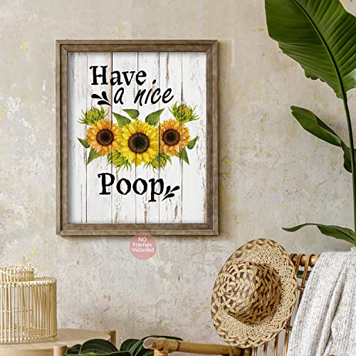 Funny Bathroom Wall Art Print Sunflower Painting Print Humorous Quotes Poster, Bathroom Wall Decor, Bathroom Quotes, Signs & Rules Decor, Great Gift for Bathroom Decor (Set of 4, 8 x 10 Unframed)