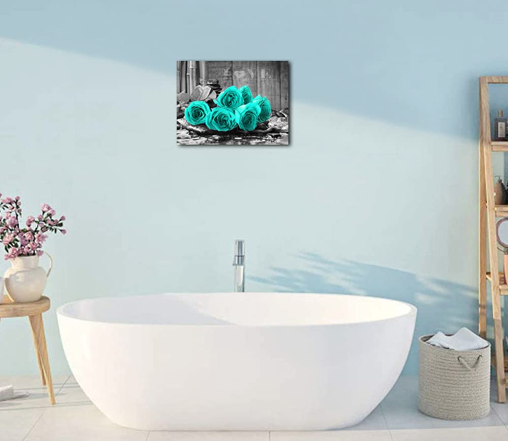 YMYXMC33 Teal Rose Flower Picture Decor Wall Art Canvas Print Black and White Poster Country Love Decoration Bedroom Kitchen Bathroom12x15