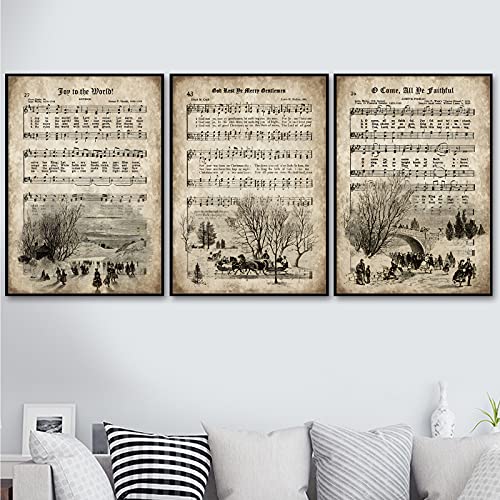 VLOLIFE Vintage Christmas Carols Wall Art Posters and Prints Sheet Music Hymn Aged Antique Canvas Art Painting Home Decor Picture Unframed, 16X24inchX3 Unframed