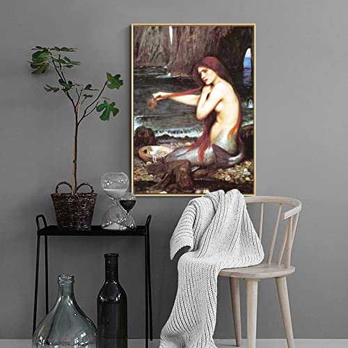 ZZPT John William Waterhouse Prints - Mermaid Canvas Wall Art - Oil Painting Poster Cool Wall Decor for Girls Room Bedroom Home Decor Unframed (12x18in/30x45cm)