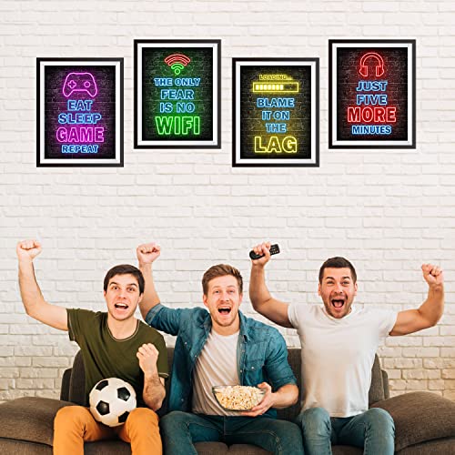 Printed Neon Gaming Posters Set of 4 (8”X 10”), Boys Room Decorations for Bedroom,Video Game Wall Art,Gamer, Teen boy bedroom, game room, No Frames