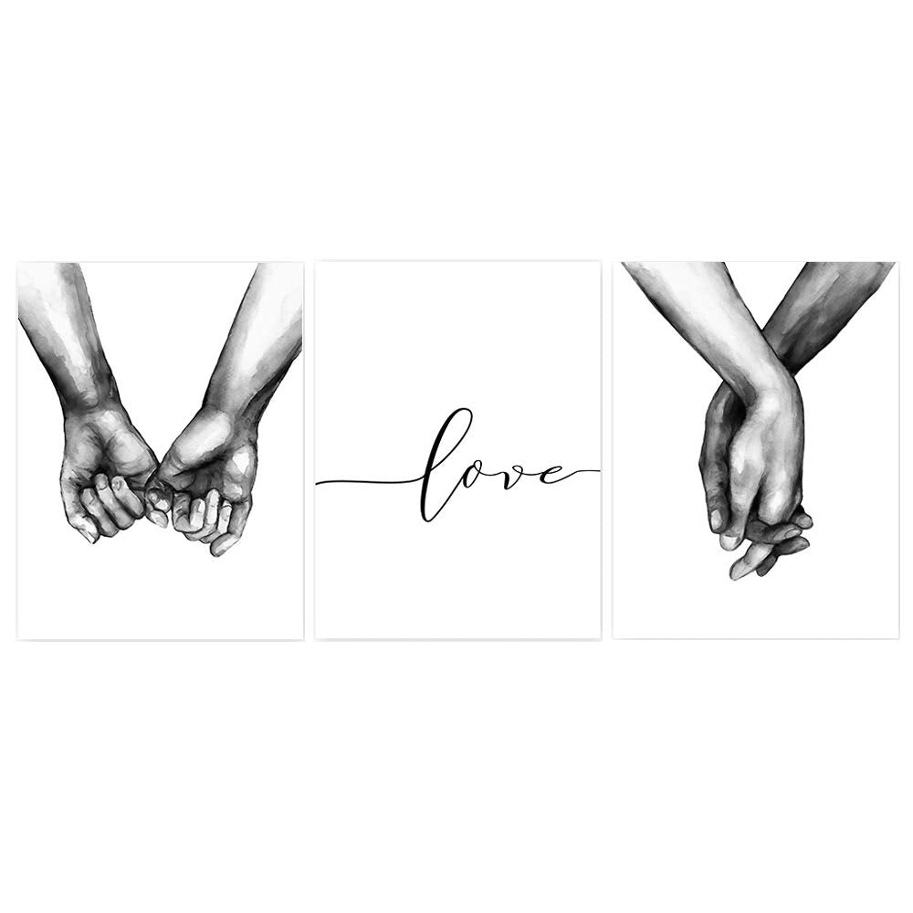 Love and Hand in Hand Poster Wall Decorative Art Canvas Print Poster for Home Living Room Bedroom Office Simple Fashion Black and White Sketch Art Line Drawing Decor Unframed 12" x 16" Set Of 3