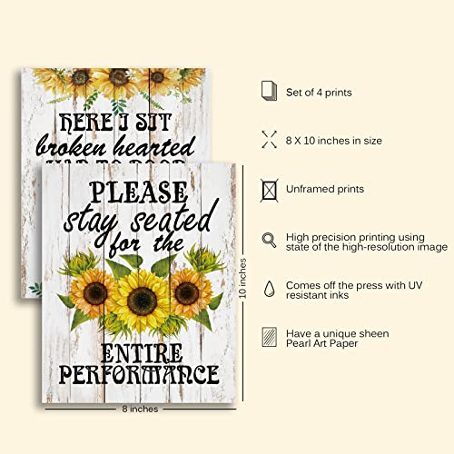 Funny Bathroom Wall Art Print Sunflower Painting Print Humorous Quotes Poster, Bathroom Wall Decor, Bathroom Quotes, Signs & Rules Decor, Great Gift for Bathroom Decor (Set of 4, 8 x 10 Unframed)