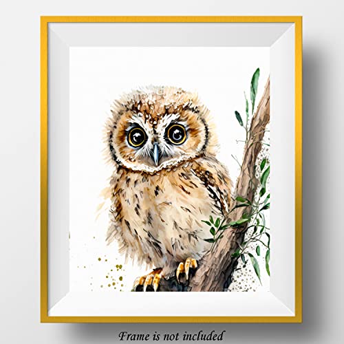 7Dots Art. Baby Animals with a Tree. Watercolor Art Print, Poster 8"x10" on Fine Art Thick Watercolor (Aquarelle) Paper. Unframed. (Baby owl 1)