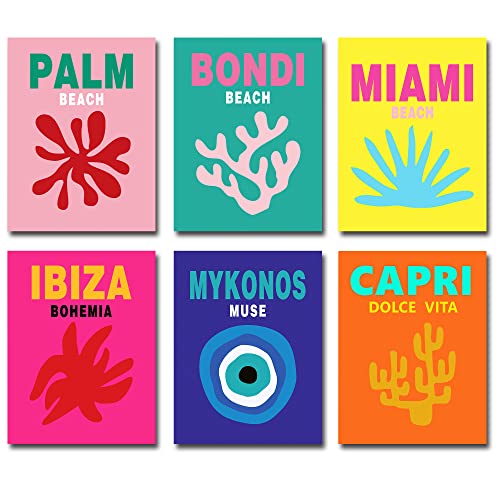 Travel Art Prints Set, Aesthetic Canvas Wall Art Prints for Preppy Room Decor, Abstract Travel Poster Set of 6 (8*10in,UNFRAMED), Gallery Wall Set, Colorful Wall Art, Maximalist Decor, Preppy Things