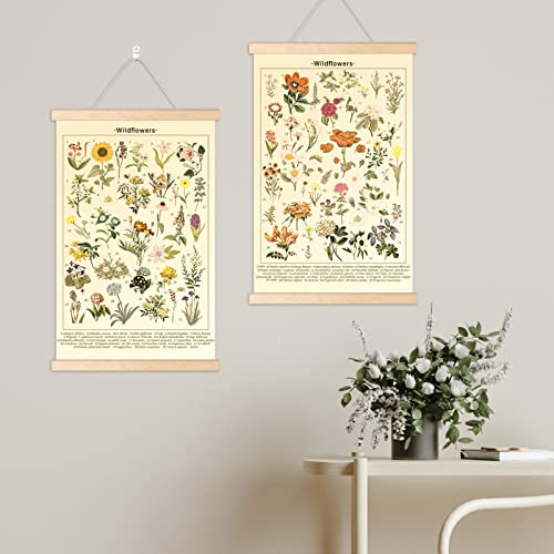 Chenkaiyang 2 Pcs Vintage Hanging Poster,Flowers Wall Hanging Botanical Rustic Retro Wall Art Prints Flower Chart Posterfor Living Room Decor,12.7 X 21.6 Inch