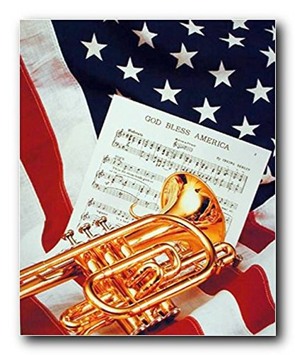 Musical Patriotic American Trumpet Instrument & Music Sheet Lying on American Flag Wall Decor Art Print Poster (16x20)