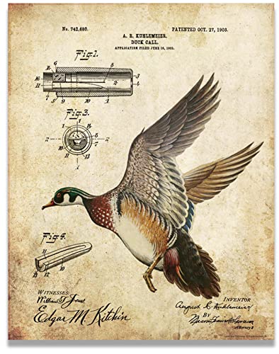 Apple Creek Duck Goose Call Hunting Decoy Patent Poster Art Print Reproduction 11x14 Black Yellow Lab Labadore Call Wall Decor Pictures