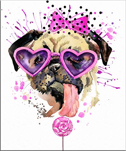 7Dots Art. Fun Popcorn, Donuts and Lollipops Dogs. Watercolor Art Print, Poster 8"x10" on Fine Art Thick Watercolor Paper for Living Room, Bedroom, Bathroom. Funny Wall Art Decor. (Pug dog2)