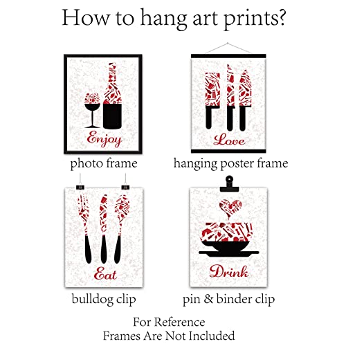 CREATCABIN Kitchen Kitchenware Red Canvas Art Prints Posters Wall Art Decorations Enjoy Love Eat Drink Set of 4 for Kitchen Restaurant Cafe Bar House Decor Unframed 8 x 10inch