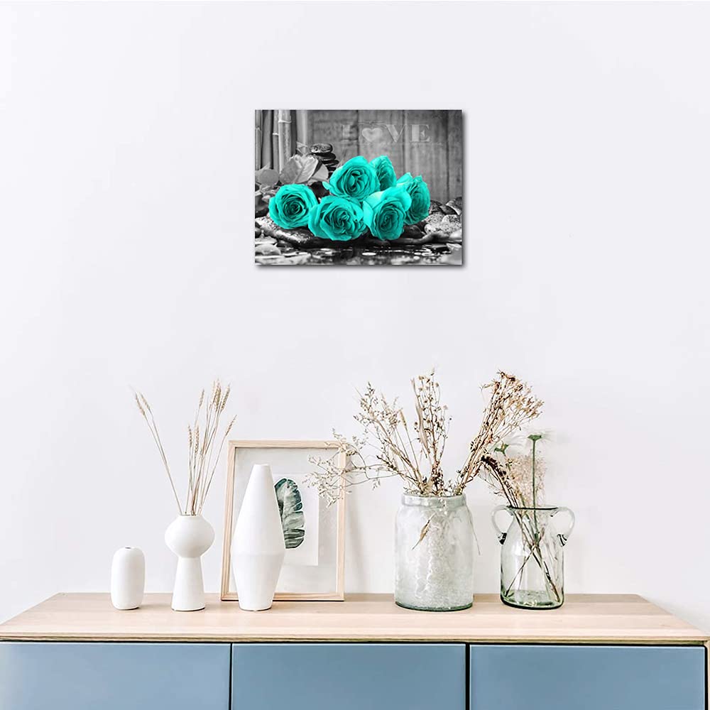 YMYXMC33 Teal Rose Flower Picture Decor Wall Art Canvas Print Black and White Poster Country Love Decoration Bedroom Kitchen Bathroom12x15
