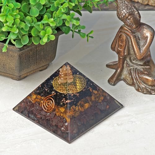 Orgonite Crystal Triple Protection Orgone Pyramid with Black Tourmaline, Tiger Eye and Hematite Crystals – Flower of Life Pyramid Dispels Negative Energy to Promote Luck and Prosperity