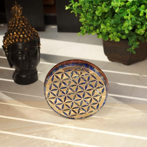 Orgonite Crystal Water Charging Plate with Lapis Lazuli Healing Crystals and Flower of Life –Chakra Healing Orgone Water Plate for Spiritual Protection and Cleansing (90mm)