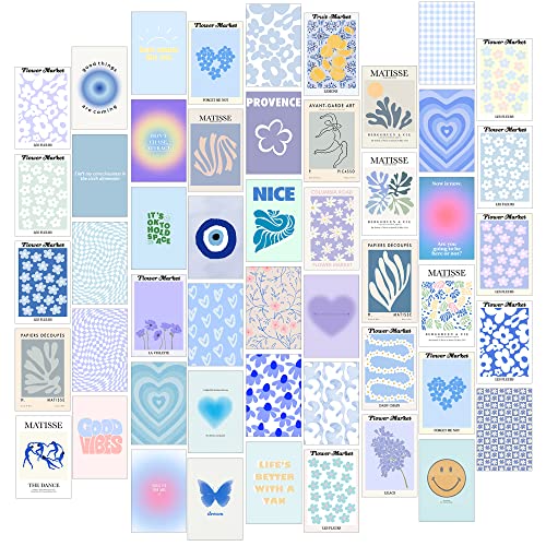 Minimalist Wall Art for Blue Room Decor Aesthetic, 50pcs Danish Pastel Wall Collage Kit Aesthetic Pictures, Minimalist Decor Aesthetic Posters, Matisse Posters for Room Aesthetic, and Dorm Wall Decor