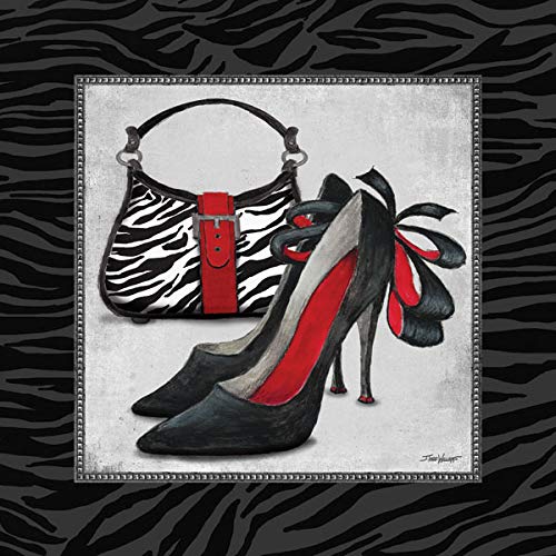 Gango Home Decor Exotic Zebra Print; Fun Popular Trendy Purse and High-Heel Set; Two 12x12in Poster Prints. Black/REd