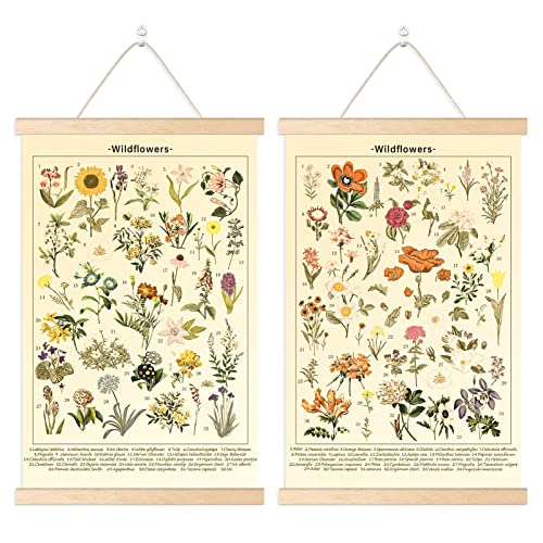 Chenkaiyang 2 Pcs Vintage Hanging Poster,Flowers Wall Hanging Botanical Rustic Retro Wall Art Prints Flower Chart Posterfor Living Room Decor,12.7 X 21.6 Inch