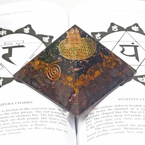 Orgonite Crystal Triple Protection Orgone Pyramid with Black Tourmaline, Tiger Eye and Hematite Crystals – Flower of Life Pyramid Dispels Negative Energy to Promote Luck and Prosperity