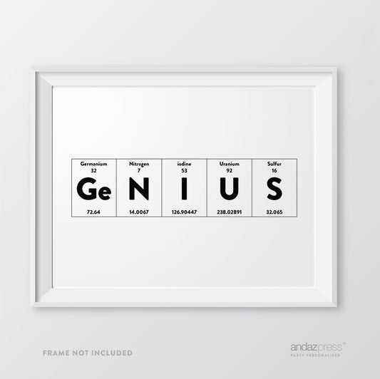 Andaz Press Periodic Table of Elements Wall Art Decor, 8.5 x 11-inch, Genius, 1-Pack - Geeky Scientific Chemistry Physics Science Print, Typographic Calligraphy Minimalist Black and White Poster for Home, School or Office Art, Christmas Birthday Gift Idea
