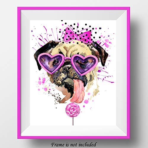 7Dots Art. Fun Popcorn, Donuts and Lollipops Dogs. Watercolor Art Print, Poster 8"x10" on Fine Art Thick Watercolor Paper for Living Room, Bedroom, Bathroom. Funny Wall Art Decor. (Pug dog2)